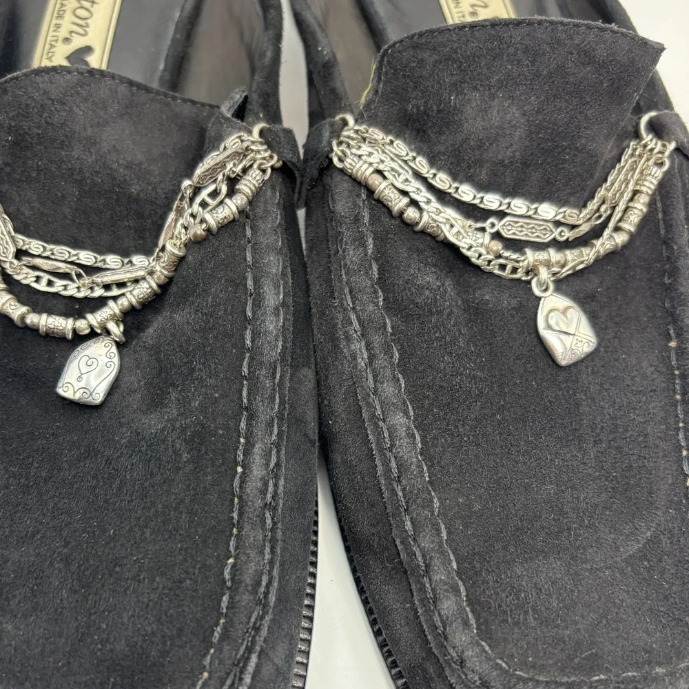 Brighton Jill Women's Size 8N Black Suede‎ Mule Loafers Italy Chain Detail